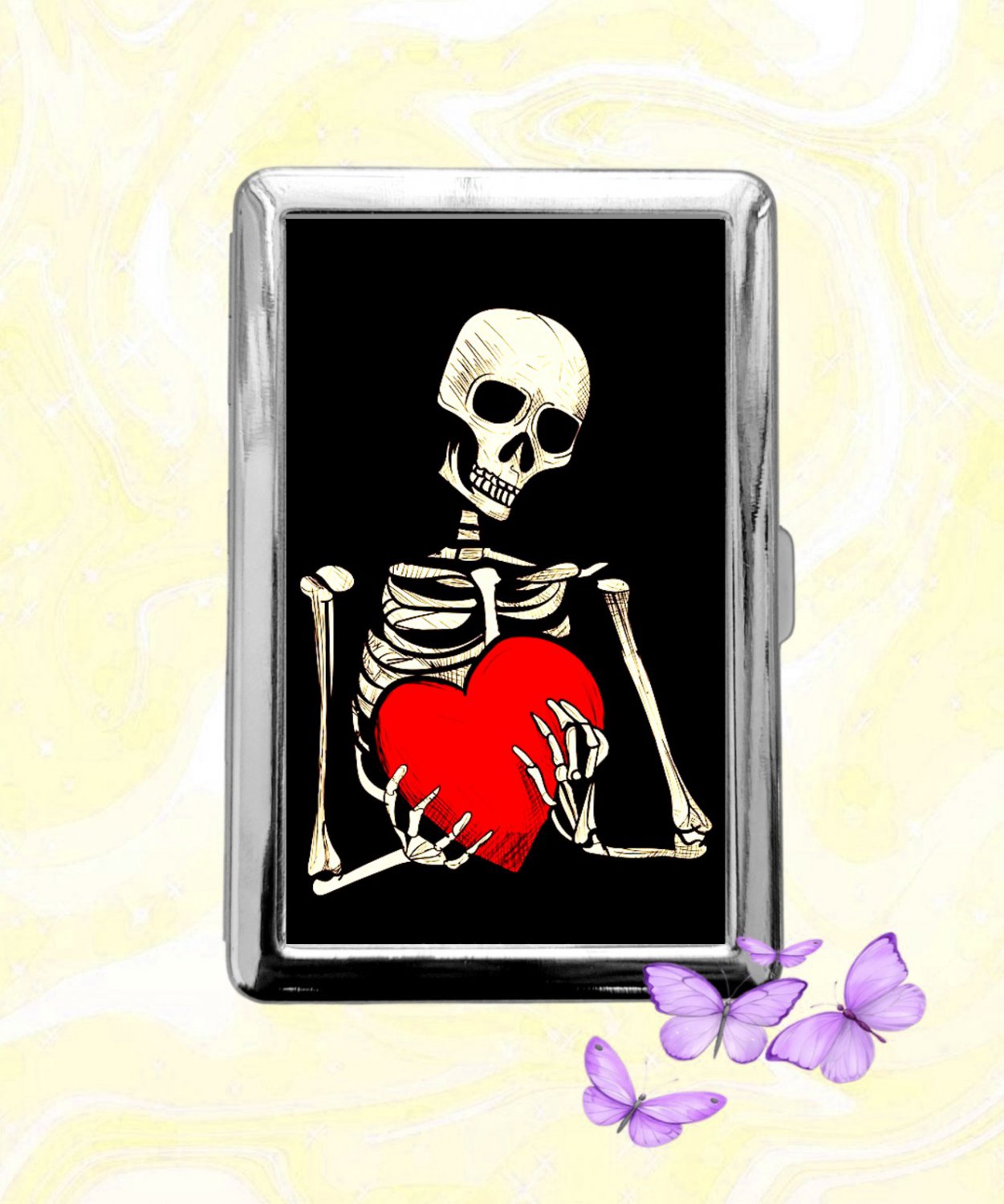 Skeleton holding a heart Cigarette Case Metal Wallet Business ID Credit Card Money Clip Holder