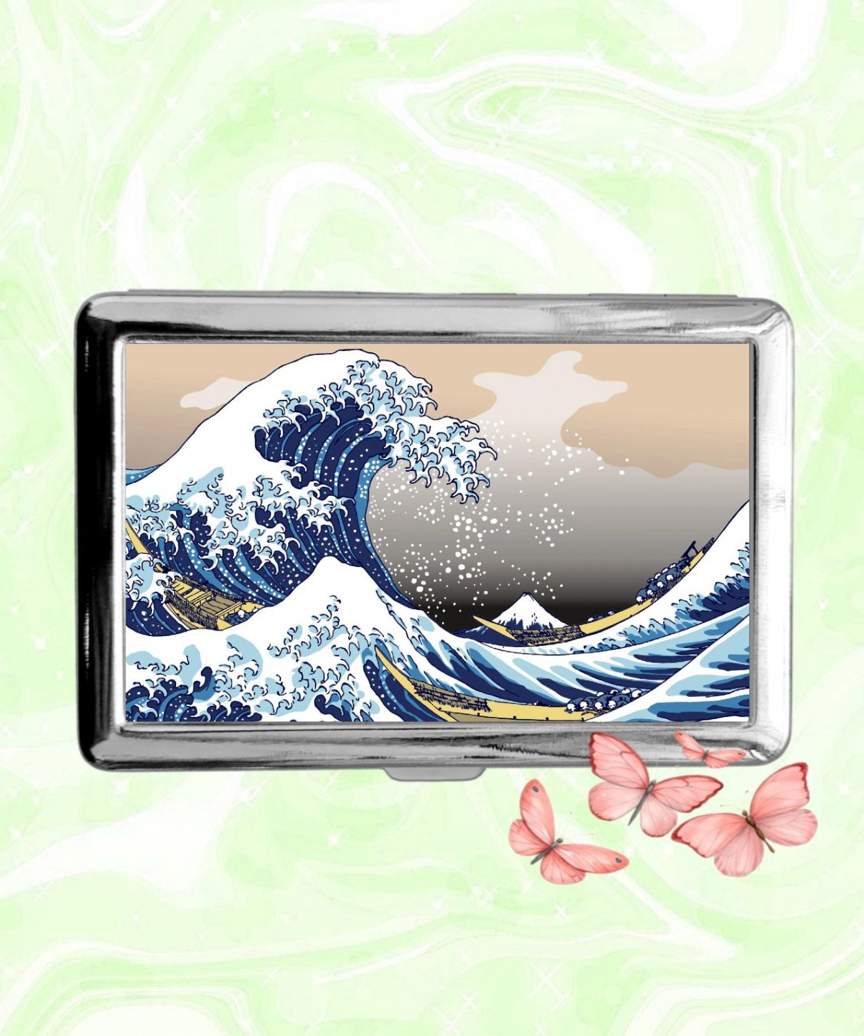 The Great Wave off Kanagawa Cigarette Case Metal Wallet Business ID Credit Card Money Clip Holder