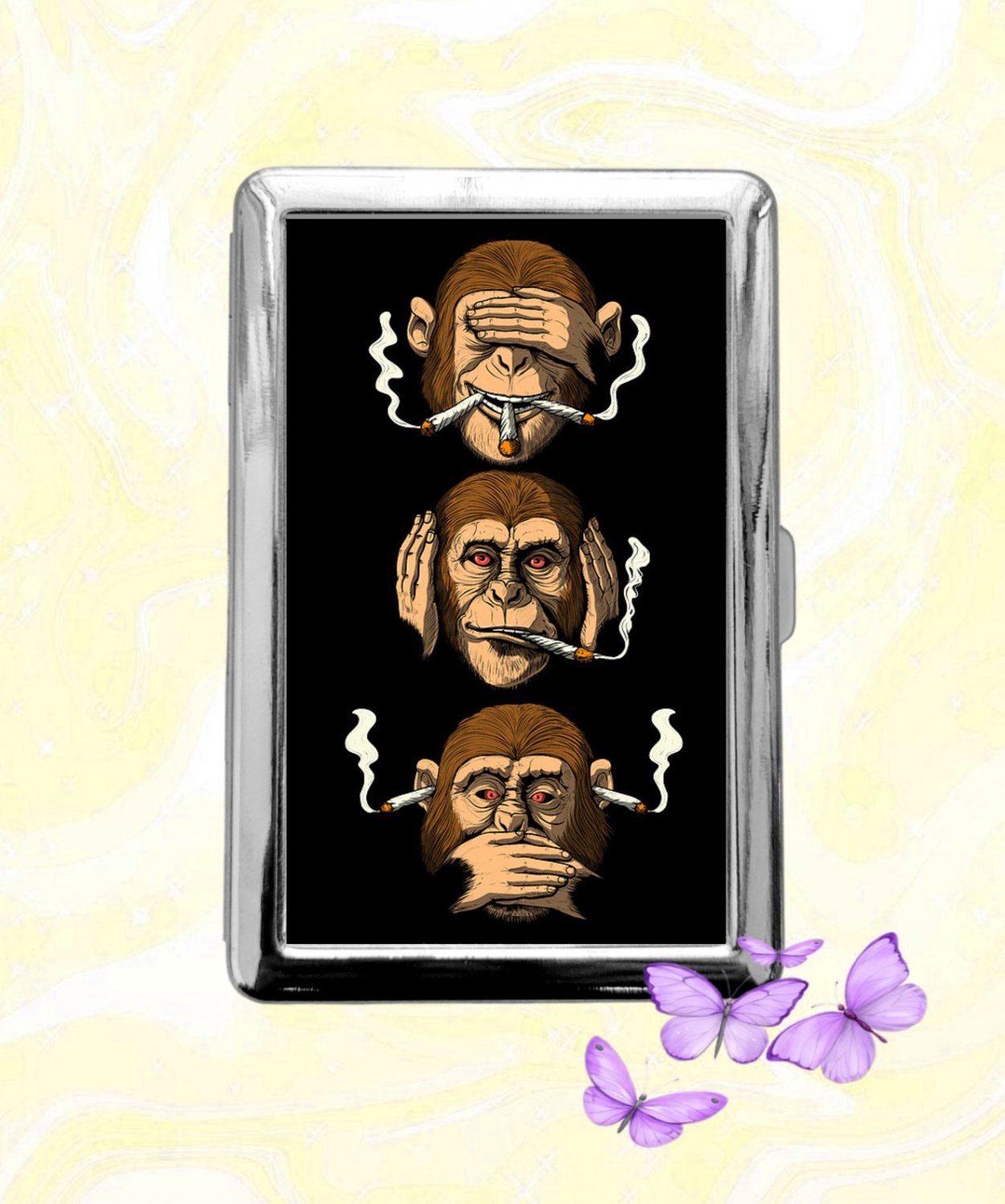 Three Wise Monkeys Cigarette Case Metal Wallet Business ID Credit Card Money Clip Holder