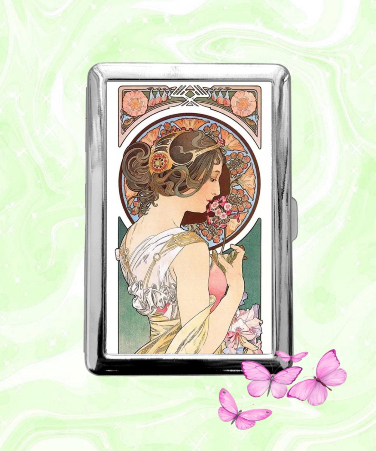 Primrose Alphonse Mucha art Cigarette Case Metal Wallet Business ID Credit Card Money Clip Holder