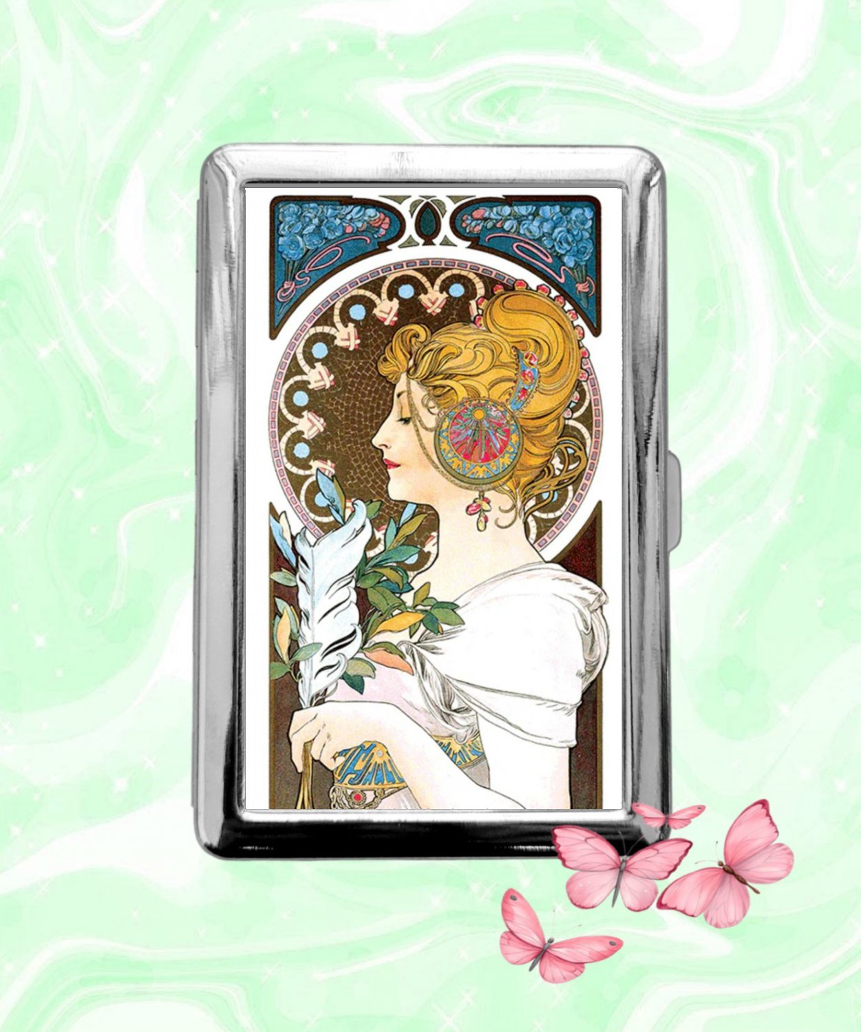 Feather La Plume Alphonse Mucha art Cigarette Case Metal Wallet Business ID Credit Card Holder