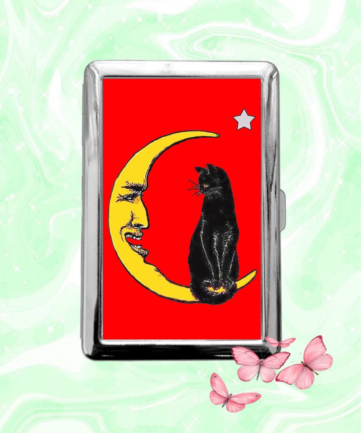Black Cat on the Yellow Moon on red art Cigarette Case Metal Wallet Business ID Credit Card Holder