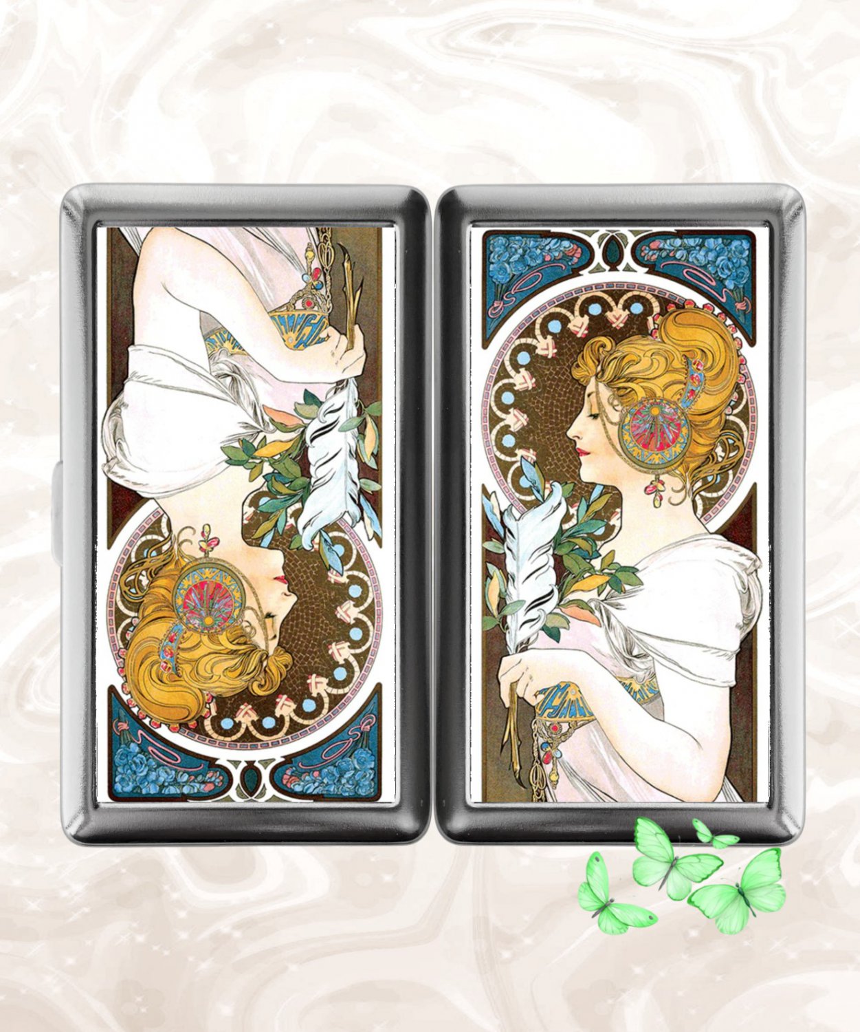 Feather La Plume Alphonse Mucha Double Sided Cigarette Case Business ID Credit Card Holder