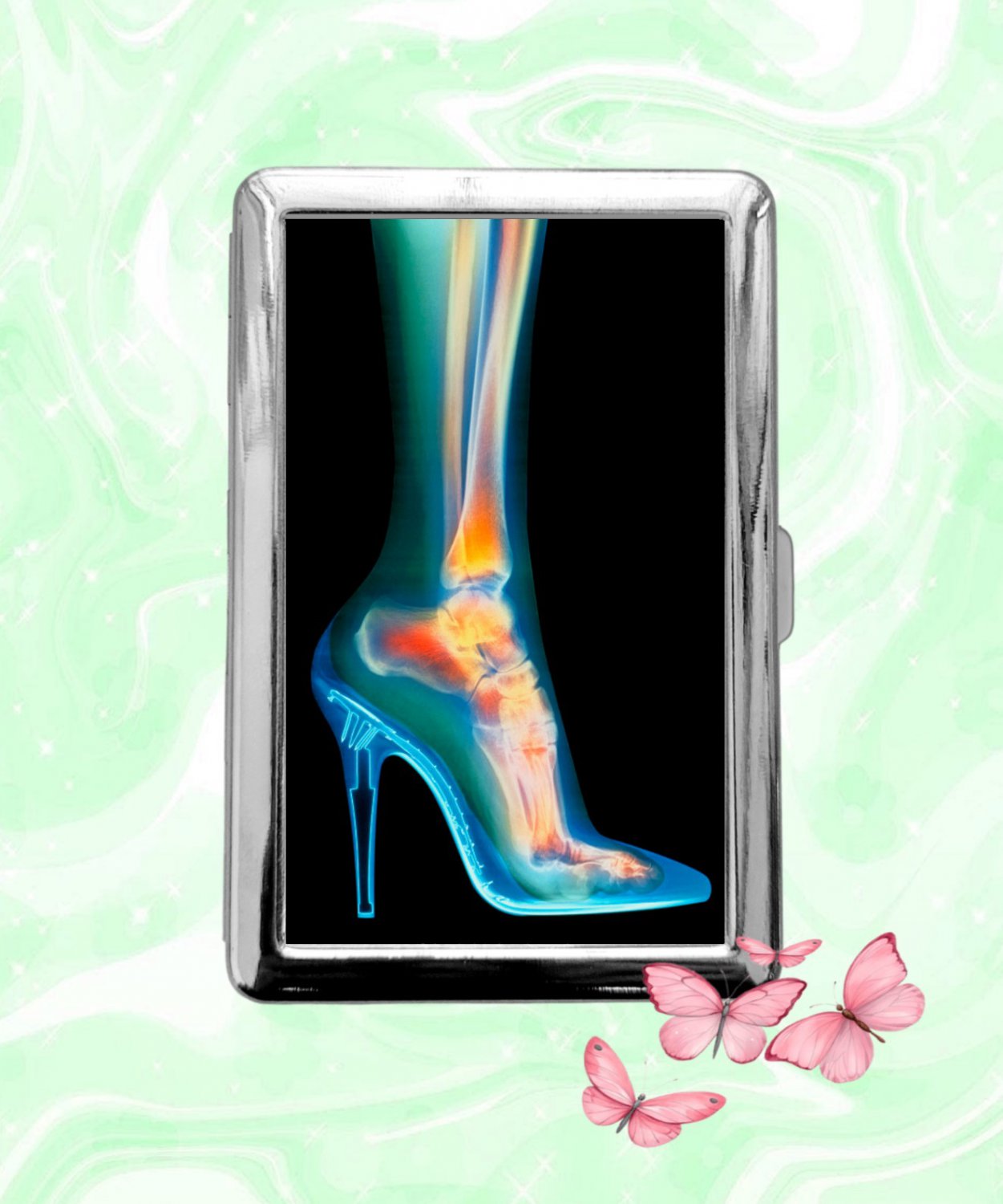 High-heel Skeleton Foot Bone X-ray Card Holder Metal Wallet Business ID Credit Cigarette Case
