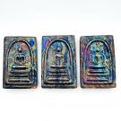S08287 : Phra Somdej Carved from Rainbow 7-Color Lek Lai Mineral Amulet (3 Pcs Set)