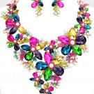 Flower Glass Cluster Statement Evening Necklace
