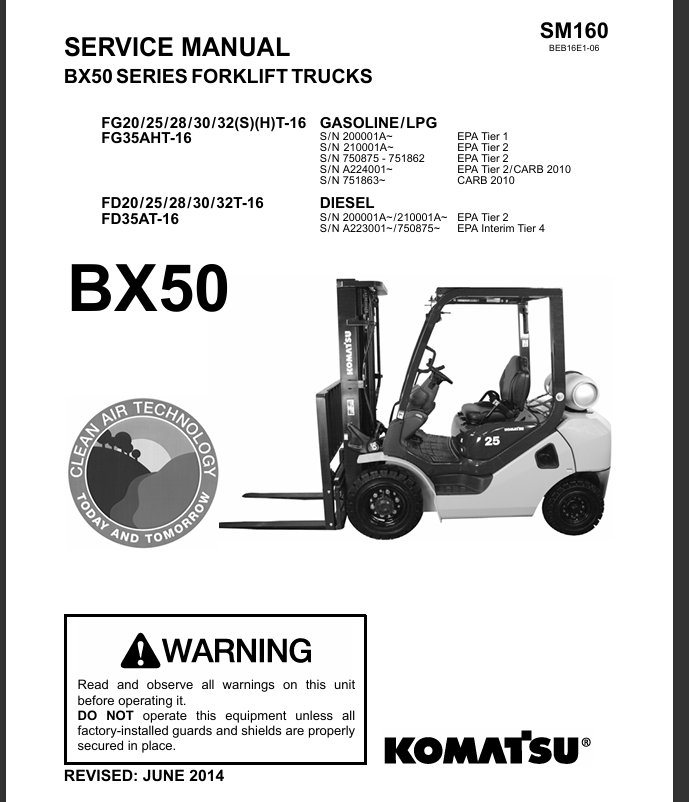 Komatsu BX50 Series Forklift Service Repair Manual PDF Download FG25T-16 FD30T-16 FD28T-16