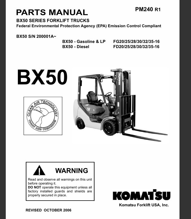 Komatsu BX50 Series Forklift Parts Catalog PDF Download FG25T-16 FD30T-16 FD28T-16