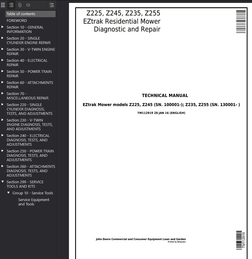 TM112919 John Deere Z225 Z245 Z235 Z255 EZtrak Lawn Mowers Service Repair Technical Manual PDF