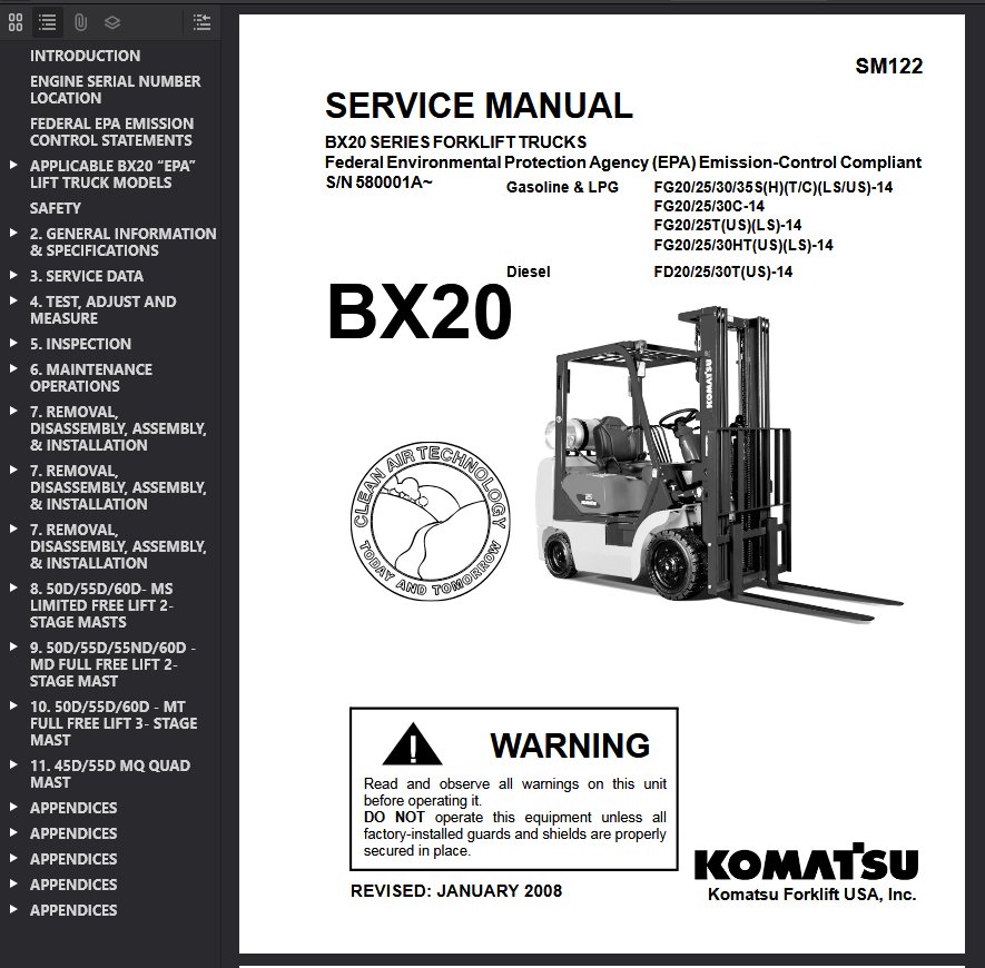Komatsu BX20 Series Forklift Service Repair Manual PDF Download FG20C-14 FD25T-14 FG25T-14
