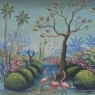 2000 Signed Wilford M. Constant Haitian Naif Folk Art Flamingo Jungle Painting