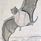 Vintage R. Horwitz Baseball Bat Sports Stadium Cartoon Watercolor Art Painting Vintage R. Horwitz Baseball Bat Sports Stadium Cartoon Watercolor Art Painting