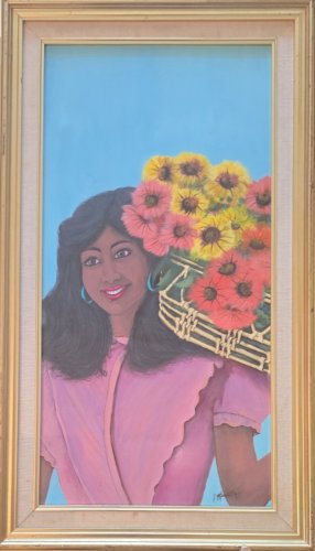 1993 Signed Jose Montilla Ruis - Morena Con Flores - Acrylic Art Painting