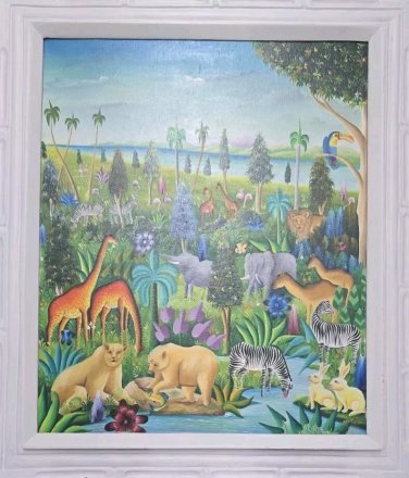 Signed Yves Jean Pierre Haitian Jungle Oil Painting Original Naif Art Haiti