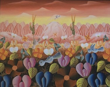 Rare & Original Robert Damour Tropical Landscape Haitian Naif Folk Art Painting