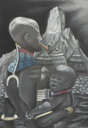 Signed J. BISHOP Father & Son African Maasai African Tribal Pastel  Drawing