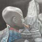 Signed J. BISHOP Father & Son African Maasai African Tribal Pastel Drawing