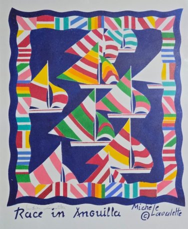 Hand Signed Michele Lavalette RACE IN ANGUILLA Lithograph Art Sailing Poster