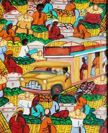 Signed YVES ROCK Original Vintage & Rare Folk Naif Art Haitian Painting HAITI