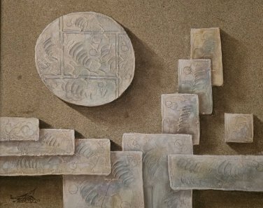 WOW!! RARE SIGNED MYUNG MARIO JUNG POTTERY GEOMETRIC ABSTRACT ART SAND PAINTING