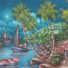 Vintage Signed Etienne Haitian Naif Art Caribbean Scenic Village Painting Haiti