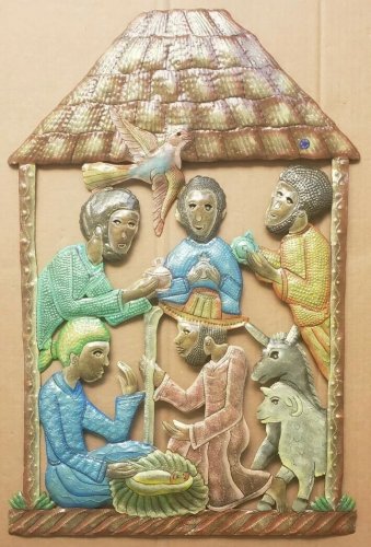 Original Jn David Remy Haitian Jesus Christ Nativity Metal Painted Drum Wall Art