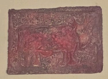 1980s Signed Miguel Cubiles RED COW Mixed Media on Paper CUBAN Listed  Artist