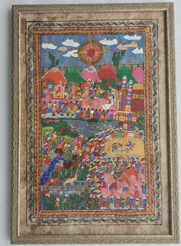 Vintage Mexican Folk Art - Wedding Rodeo Cockfighting Scene Amate Bark Painting
