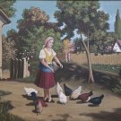20th Century Vintage Hungarian Woman Feeding Chickens Village Scene Oil Painting 20th Century Vintage Hungarian Woman Feeding Chickens Village Scene Oil Painting