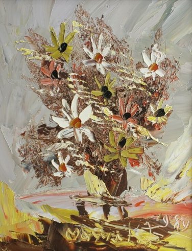 1984 Rare Signed Morris Katz Floral Art Flowers Textured Oil Masonite Painting