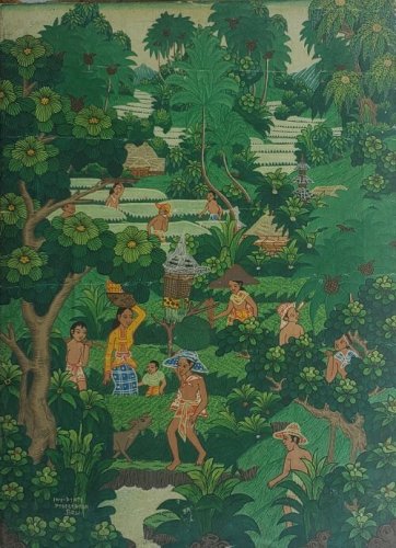 VINTAGE SIGNED INY DJATI PENESTANAN BALI BALINESE JAVANESE FOLK ART PAINTING