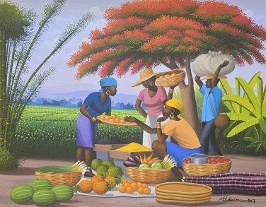 2007 Signed Edouard Michelet Flamboyant Tree Haitian Naif Folk Art Painting