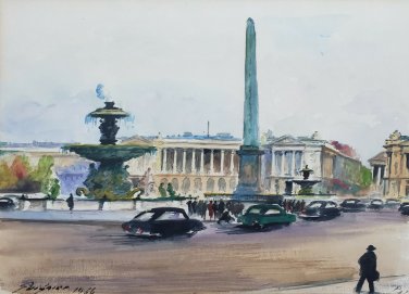 1966 Signed Fernand Guignier Parisian Scene Art Watercolor Painting PARIS FRANCE