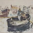 Signed Moshe Gat Fisherman Framed Vintage Lithograph Print Listed Israeli Artist