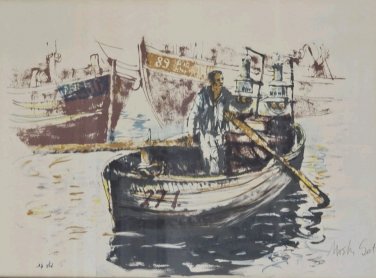 Signed Moshe Gat Fisherman Framed Vintage Lithograph Print Listed Israeli Artist