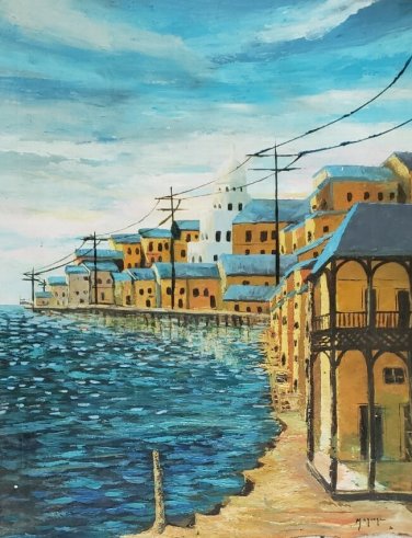 SIGNED MAYORGA - TOWN - SHORE SEASCAPE - LATINO ART SOUTH AMERICAN PAINTING