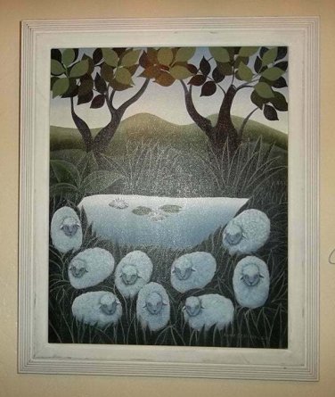 1980's Ruth Schindler Rare Vintage Handpainted Sheep Canvas Painting Signed  by