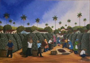 Signed Rosa Maria Coffee Plantation Naif Folk Art Brazil Latin America Painting
