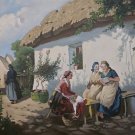 20th Century Vintage Hungarian Women In Village Scene Contemporary Oil Painting 20th Century Vintage Hungarian Women In Village Scene Contemporary Oil Painting