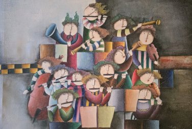 Signed J. Roybal Children Playing Musical Instruments Symphony Large Painting