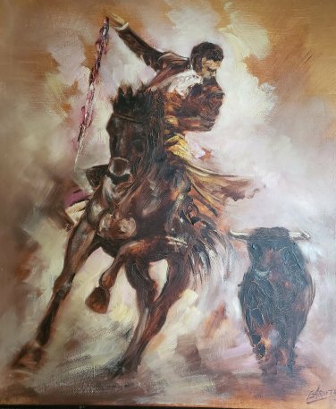Rare & Signed Robert Barnete Bull and Matador Painting Spain - Spanish Era