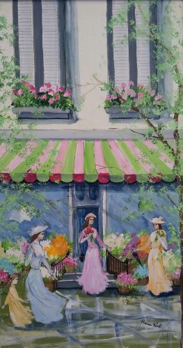 Vintage Signed Elaine Roth Southern Women Street Scene Mixed Media Art Painting