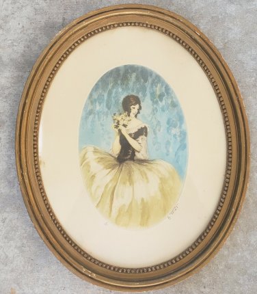 Rare 1900's Hand Signed A. Ferat 2/400 Woman Art Deco Oval lithograph France