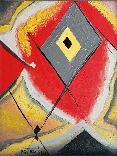Rare Signed Petru Abstract Geometrical Acrylic Art Colorful Painting on Canvas