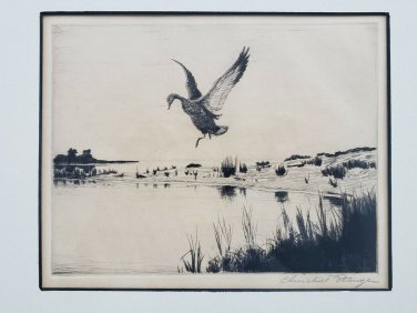 Signed Churchill Ettinger  Mallard Duck Goose Framed Art Etching Maine Vermont