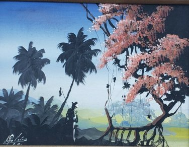 Vintage Signed JULIO CESAR Tropical Caribbean Landscape Painting Puerto Rico