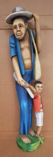 RARE Madsen Mompremier Haitian Man & Boy Hand Carved Painted Wood Statue Haiti
