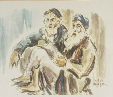 Vintage 1952 DAVID GILBOA Watercolor Art Print Jews From Algiers ISRAEL Hebrew