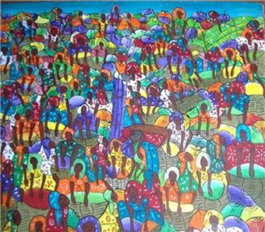 Rare Signed B. MASCARY Haitian Art "Women In The Marketplace" Acrylic Painting H