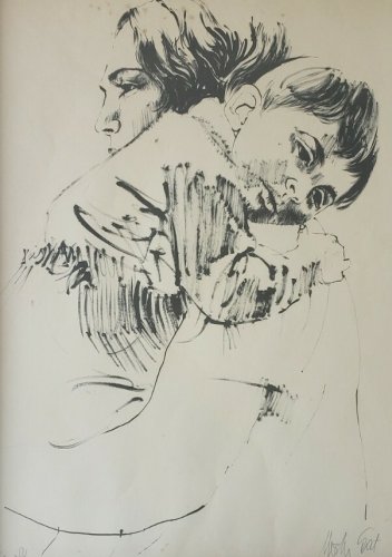 Signed Mother & Child 94/150 Vintage Lithograph Print Israeli Artist Moshe Gat